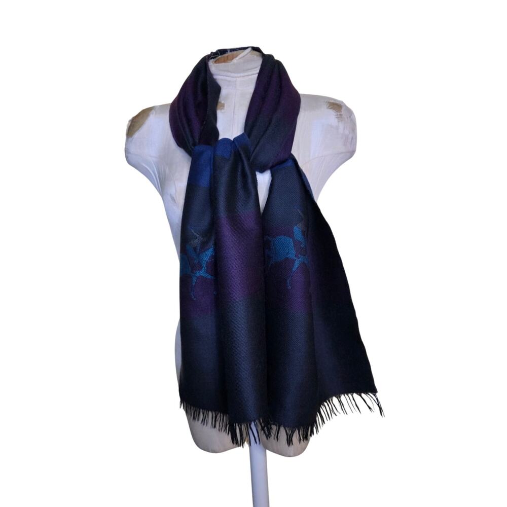 Plaid New Wool Horse Fringe Scarf Made in Germany 66" x 14" see pics small spots